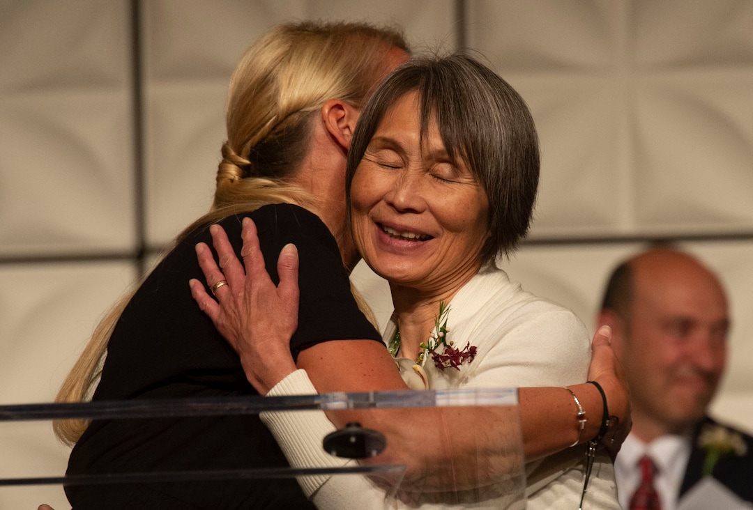 (Rick Egan  |  The Salt Lake Tribune)   Education Award winner, Mitsuko Hirata, volunteer, Bridger Elementary School, gets a hug from Jennifer Huntsman Parkin, at the Huntsman Awards for Excellence in Education at the Grand America Hotel, Friday,  April 26, 2019.