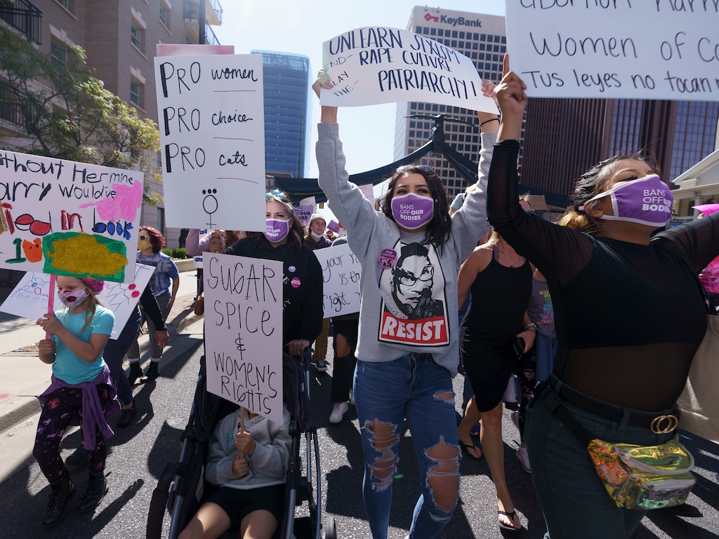 (Leah Hogsten | The Salt Lake Tribune) State Street was filled with hundreds during the SLC Women's March for reproductive rights and access to safe abortions, Oct. 2, 2021. Saturday's march was held in conjunction with other marches across the country.