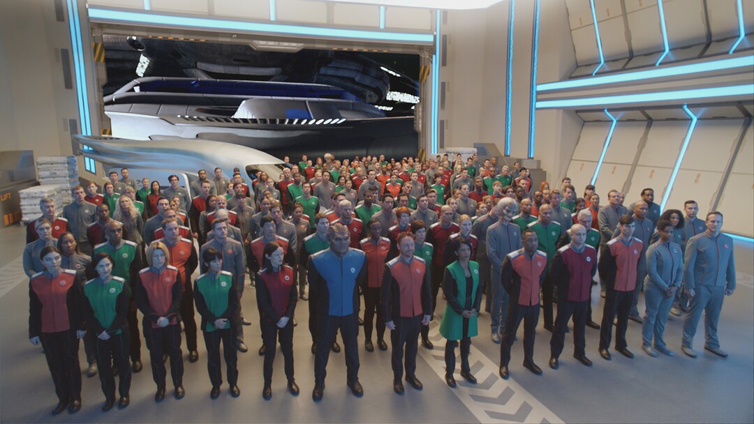 (Courtesy Fox) The crew of the U.S.S. Orville, wearing uniforms virtually indistinguishable from those on the U.S.S. Enterprise.