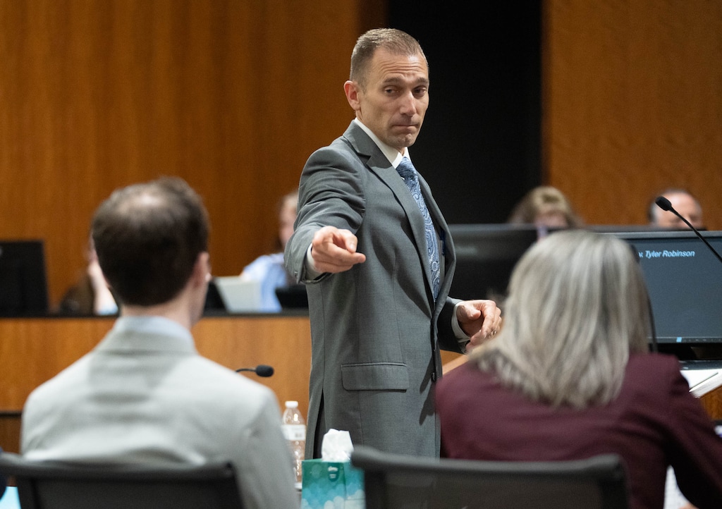 (Francisco Kjolseth | The Salt Lake Tribune) Deputy Utah County Attorney Ryan McBride points to Tyler Robinson as he begins his closing arguments in the preliminary hearing for Robinson, the man accused of fatally shooting Charlie Kirk, at the 4th District Court in Provo on Tuesday, Sept. 1, 2026.