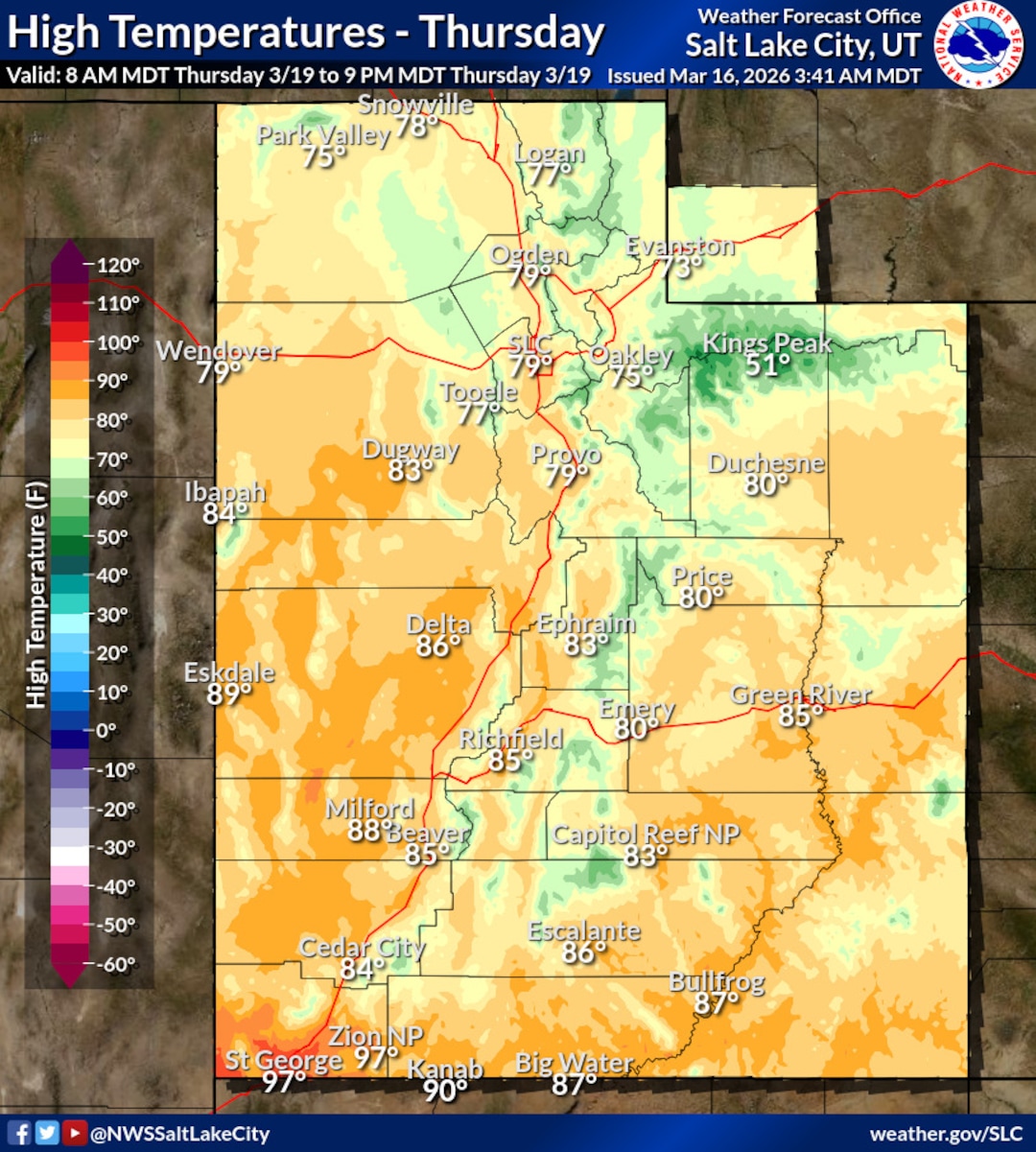 National Weather Service for high temperatures in Utah on March 19, 2026.