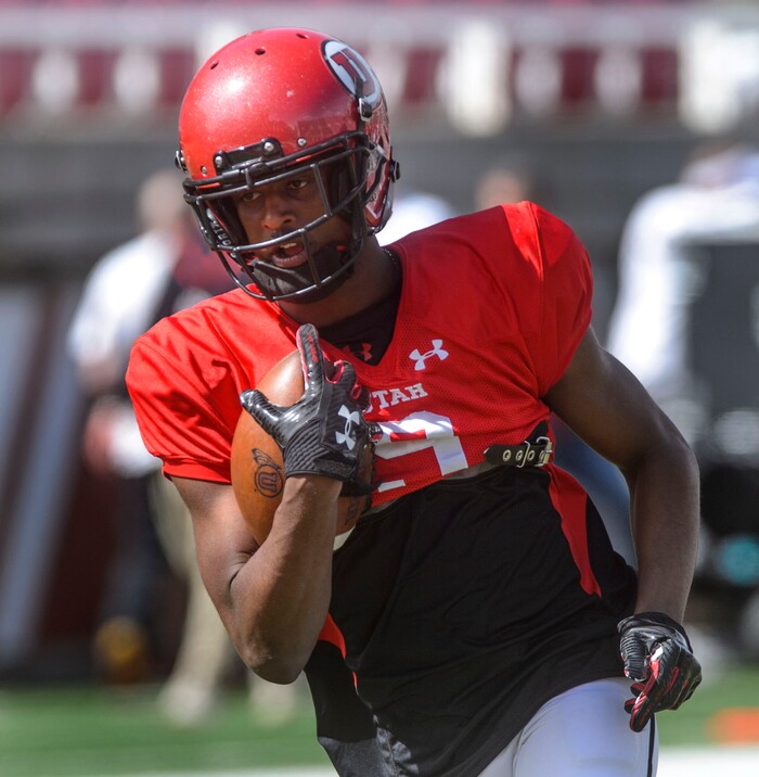 (Steve Griffin  |  The Salt Lake Tribune) Utah wide receiver Bronson Boyd hauls in a pass during the University of Utah football team's first scrimmage at Rice-Eccles Stadium in Salt Lake City Friday March 30, 2018.