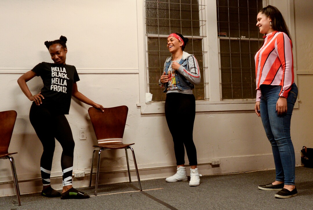 (Leah Hogsten | The Salt Lake Tribune)  Amanda Morris, left, Aaliyah Ann and director Melissa Crespo share a laugh during rehearsals for Salt Lake Acting Company's upcoming production of "form of a girl unknown," an atypical coming-of-age dramedy by playwright Charly Evon Simpson, running Oct. 16 through Nov. 17, 2019.