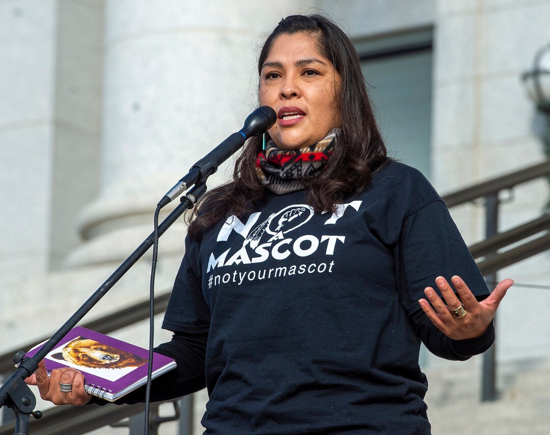 (Rick Egan  |  The Salt Lake Tribune)     Davina Smith speaks as Native Americans and their supporters gather on the steps of the Utah State Capitol for a rally to oppose a resolution that would discourage the removal of Native American names or symbols from school mascots, Saturday, Jan. 25, 2020.