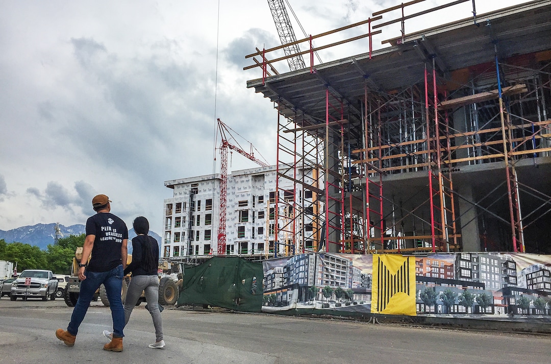 (Francisco Kjolseth  |  The Salt Lake Tribune)  Construction at the former Granite Furniture in Sugar House continues at a quick pace as the new Sugarmont Apartments takes shape on Tuesday, May 22, 2018. New Census data shows that Salt Lake City has surpassed 200,000 residents, and again is the state's fastest-growing city by numbers. It added 5,891 residents between July 1, 2016 and July 1, 2017.