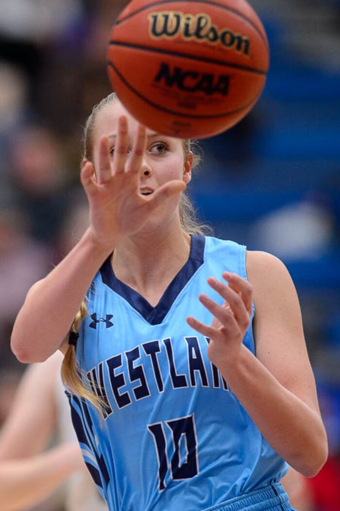 (Trent Nelson | The Salt Lake Tribune)  Westlake's Samantha Hester (10) passes as Hillcrest faces Westlake in the 6A High School Girls' Basketball Tournament at SLCC in Taylorsville, Thursday Feb. 22, 2018.