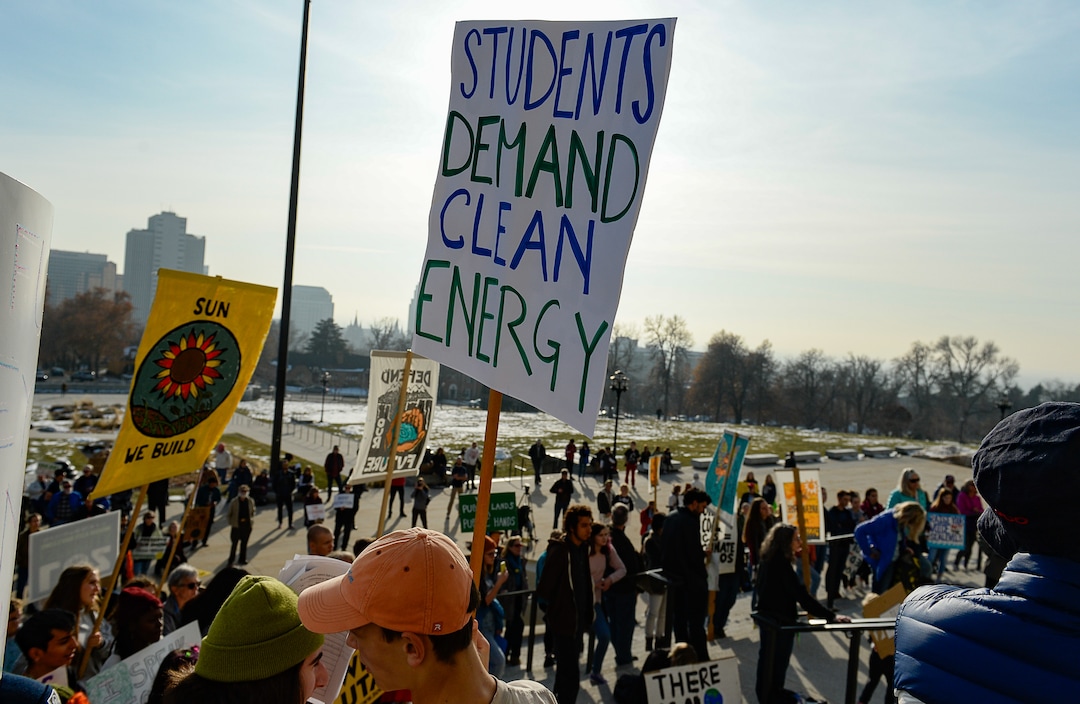 (Francisco Kjolseth  |  The Salt Lake Tribune)  Fridays For Future, Utah Youth Environmental Solutions, and partners strike in opposition to Utah’s final oil and gas lease sale of 2019 that will auction off public lands and further fossil fuel development during a rally on the steps of the Utah Capitol on Friday, Dec. 6, 2019. The group then moved into the Capitol to deliver cards with climate solutions to the office of Gov. Gary Herbert.