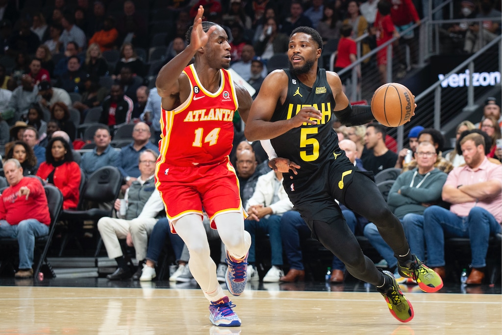 (Hakim Wright Sr. | AP) Utah Jazz's Malik Beasley dribbles by Atlanta Hawks' AJ Griffin during the first half of an NBA basketball game Wednesday, Nov. 9, 2022, in Atlanta.