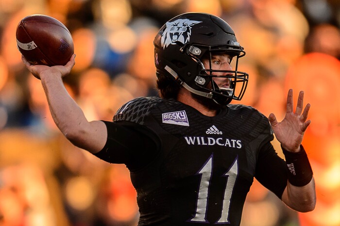 (Trent Nelson | The Salt Lake Tribune)  Weber State Wildcats quarterback Stefan Cantwell (11) passes the ball as Weber State hosts Southern Utah, NCAA football in Ogden Saturday October 14, 2017.
