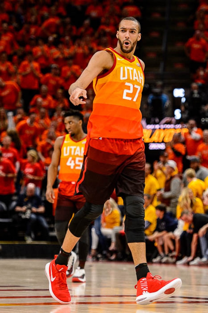 (Trent Nelson | The Salt Lake Tribune)  
Utah Jazz host the Oklahoma City Thunder, Game 3, NBA playoff basketball in Salt Lake City, Saturday April 21, 2018. Utah Jazz center Rudy Gobert (27) gives the Jazz a two point lead.