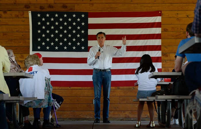 (Francisco Kjolseth | The Salt Lake Tribune) The Romney campaign hosts "Mondays With Mitt" at Veterans Memorial Park in West Jordan on Monday, June 18, 2018 as senate candidate Mitt Romney visits with supporters and takes a few questions with the dozens gathered at the park.