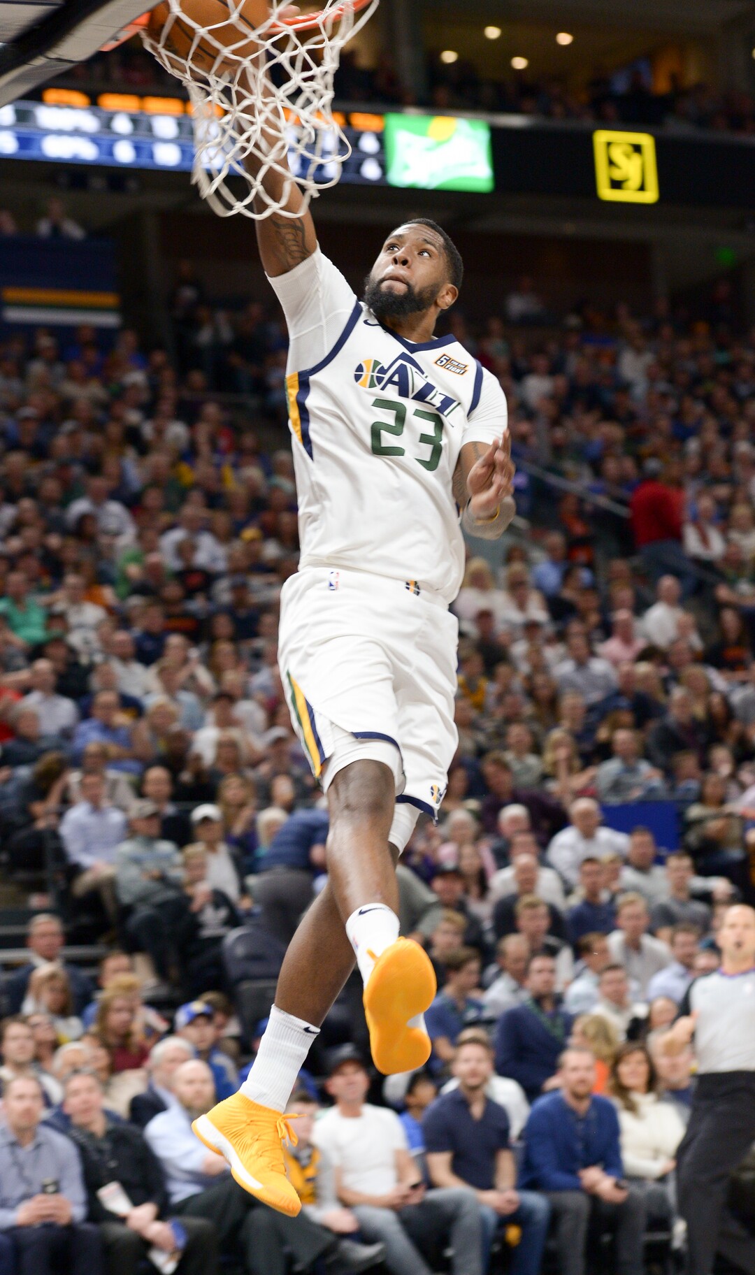 (Leah Hogsten  |  The Salt Lake Tribune)  Utah Jazz forward Royce O'Neale (23) with the bucket.  The Utah Jazz lead the Golden State Warriors 62-33 during their game, Tuesday, April 10, 2018 at the Vivant Smart Home Arena. 