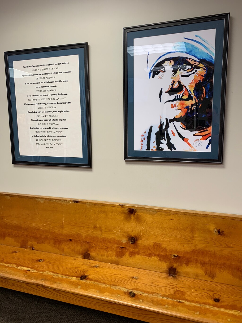 (Photo courtesy of Judge Memorial Catholic High School) This pew — along with a poem and portrait — is reportedly the one Mother Teresa sat on during her visit to a Trappist monastery in Huntsville. It now sits in Judge Memorial Catholic High School in east Salt Lake City.