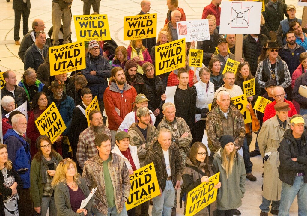 Rick Egan  |  The Salt Lake TribuneLawmakers and environmental and public lands advocates rally against the public lands transfer in the capitol rotunda, Monday, March 2, 2015