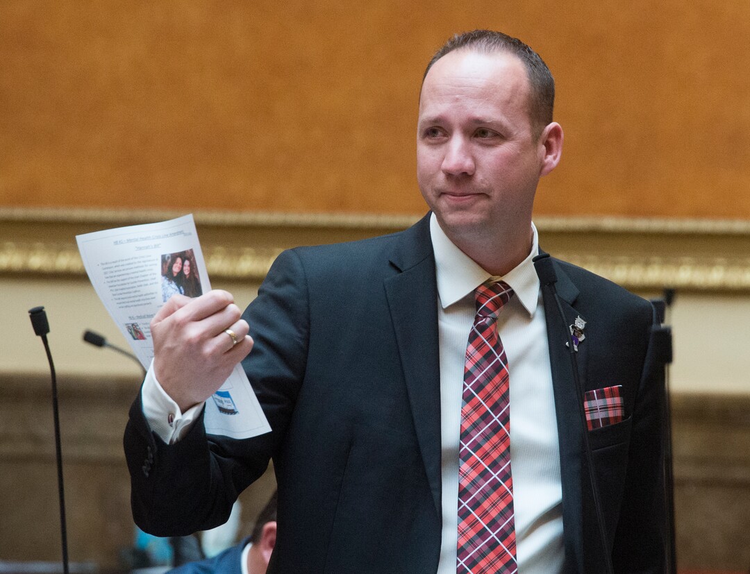 (Rick Egan  |  The Salt Lake Tribune)    Rep. Justin Fawson discuss HB 41, which has become known as "Hannah's Bill" on the floor of the House of Representatives, Friday, January 26, 2018.