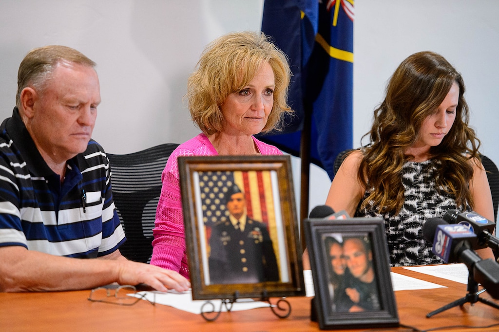 (Trent Nelson | The Salt Lake Tribune) Randy and Laura Butler (parents) and Alexandria Seagroves (fiancé) speak about Aaron Butler, a special forces soldier killed last week in Afghanistan, during a news conference in Monticello on Wednesday August 23, 2017.