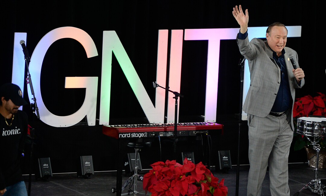 (Francisco Kjolseth  |  The Salt Lake Tribune)  Former Senator Jim Dabakis introduces EncircleÕs 2nd annual LGBTQ+ youth summit as it draws more than 800 people to Adobe headquarters in Lehi on Saturday, Dec. 1, 2018.