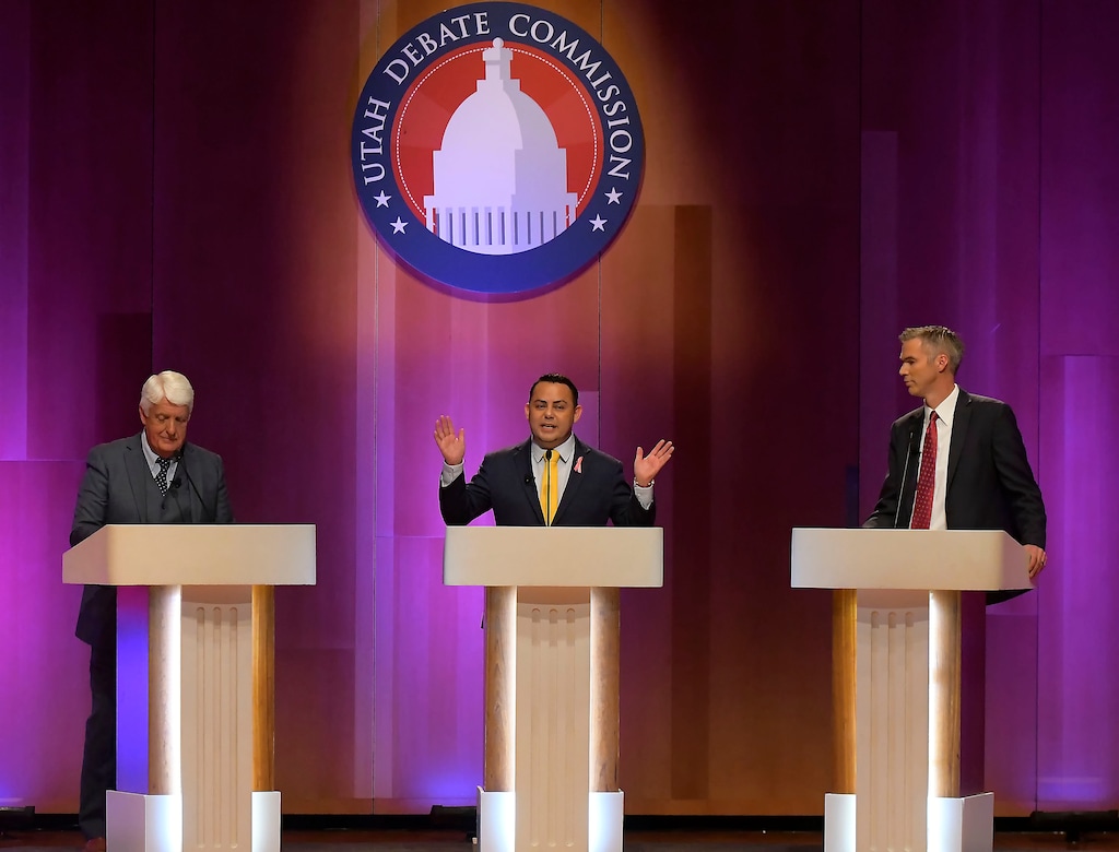 Lee Castillo (D), center, speaks as he Rep. Rob Bishop (R), and Eric Eliason (United Utah Party) take part in UtahÕs 1st Congressional District Debate, on Wednesday, Oct. 17, 2018, at Utah State University in Logan. 