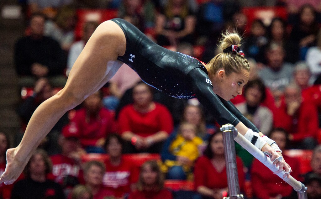 (Rick Egan  |  The Salt Lake Tribune)   MyKayla Skinner competes on the uneven bars for the Utes, in Gymnastics action at the Jon M. Huntsman Center, Saturday, March 2, 2019.