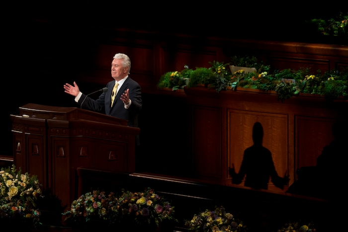(Jeremy Harmon  |  The Salt Lake Tribune)  Elder Dieter F. Uchtdorf speaks during the Sunday afternoon session of General Conference on April 1, 2018.