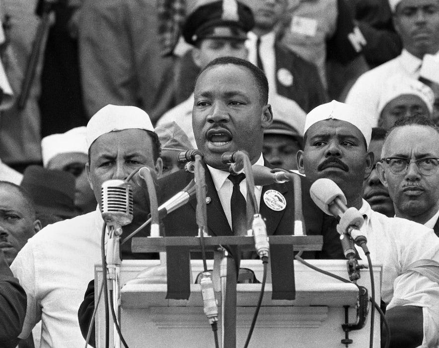 FILE - In this Aug. 28, 1963 file photo, Dr. Martin Luther King Jr., head of the Southern Christian Leadership Conference, addresses marchers during his "I Have a Dream" speech at the Lincoln Memorial in Washington.  (AP Photo/File)