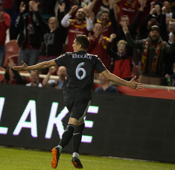 (Rick Egan  |  The Salt Lake Tribune)     Real midfielder Damir Kreilach (6) celebrates after scoring a goal for Salt Lake, in MLS soccer action, between Real Salt Lake and Colorado Rapids,  at Rio Tinto Stadium, Saturday, April 21, 2018.


