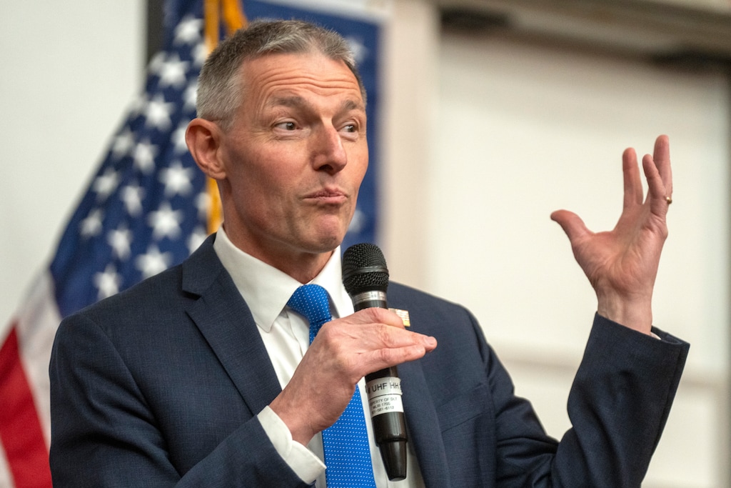 (Rick Egan | The Salt Lake Tribune) U.S. Rep. Mike Kennedy speaks at an event sponsored by Utah College Republicans at the University of Utah, on Friday, April 10, 2026.
