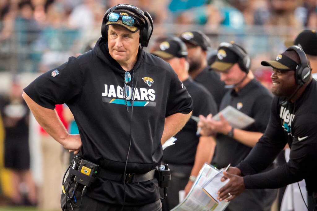 FILE - In this Sunday, Oct. 15, 2017 file photo, Jacksonville Jaguars head coach Doug Marrone paces the sidelines during a timeout call in the second half of an NFL football game against the Los Angeles Rams in Jacksonville, Fla. The Jaguars (7-4) expect to bounce back from their first loss in six weeks when they host the Indianapolis Colts (3-8) on Sunday, Dec. 3, 2017.  (AP Photo/Stephen B. Morton, File)