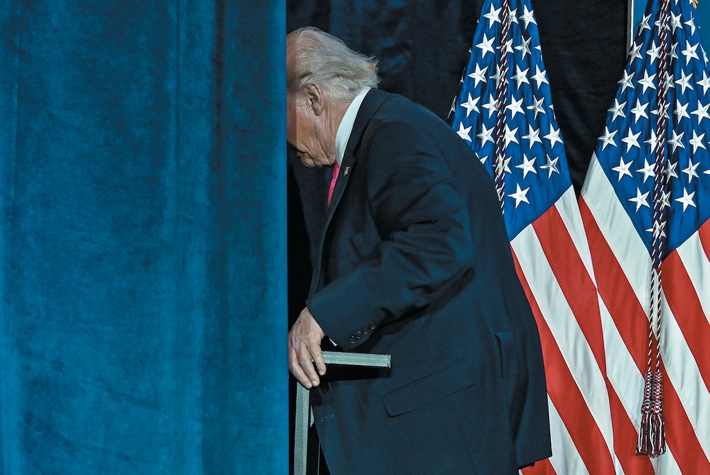 President Donald Trump walks off stage after he participates in a roundtable conversation about Tax Day at the AC Hotel in Las Vegas, April 16, 2026. (Kenny Holston/The New York Times