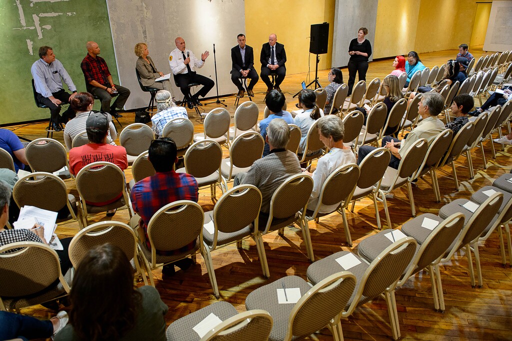 (Trent Nelson | The Salt Lake Tribune)  Salt Lake City Mayor Jackie Biskupski and House Speaker Greg Hughes, among other city and community leaders, answered questions about the proposed closure of Rio Grande Street during a public meeting in a vacant storefront in the Gateway in Salt Lake City, Wednesday September 6, 2017.