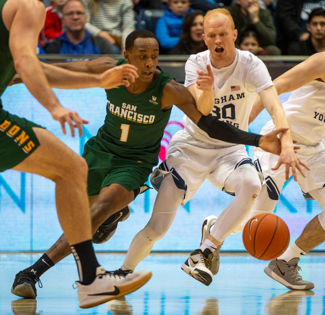 (Rick Egan  |  The Salt Lake Tribune)     San Francisco Dons guard Jamaree Bouyea (1) has the ball picked off by Brigham Young Cougars guard TJ Haws (30), in West Coast Conference basketball acton between the Brigham Young Cougars and the San Francisco Dons, at the Marriott Center, Saturday, Feb. 8, 2020.