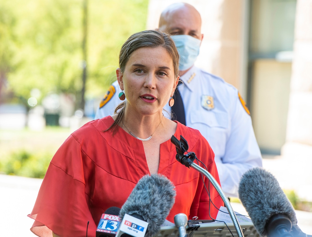 (Rick Egan  |  The Salt Lake Tribune)     Salt Lake City Mayor Erin Mendenhall announces updates to SLCPD policies, during news conference at City Hall, Monday, Aug. 3, 2020.