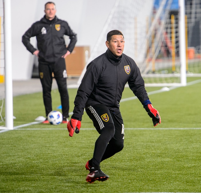 (Steve Griffin  |  The Salt Lake Tribune) RSL goal keeper Nick Rimando practices with the team at the new Zions Bank Real Academy indoor facility in Herriman Tuesday January 23, 2018.