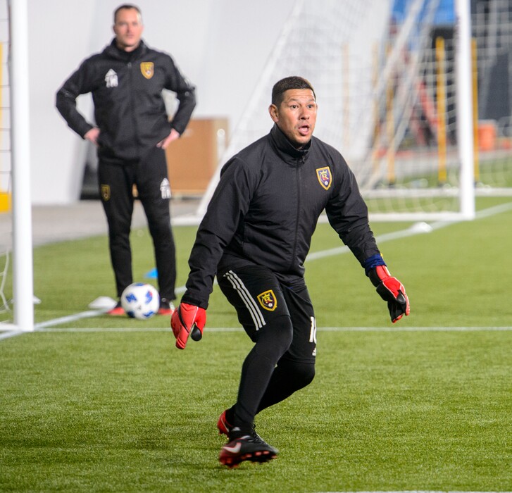 (Steve Griffin  |  The Salt Lake Tribune) RSL goalkeeper Nick Rimando practices with the team at the new Zions Bank Real Academy indoor facility in Herriman, Tuesday, Jan. 23, 2018.