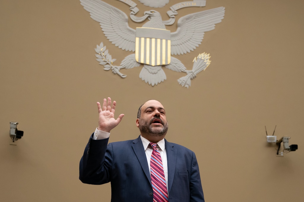 Special Counsel Henry Kerner is sworn in to testify before the House Oversight and Reform Committee about his findings that presidential counselor Kellyanne Conway repeatedly violated the Hatch Act, a federal law that limits political activity by government workers, on Capitol Hill in Washington, Wednesday, June 26, 2019. Conway was labeled a "repeat offender" of the Hatch Act by disparaging Democratic presidential candidates while speaking in her official capacity during television interviews and on social media. (AP Photo/J. Scott Applewhite)