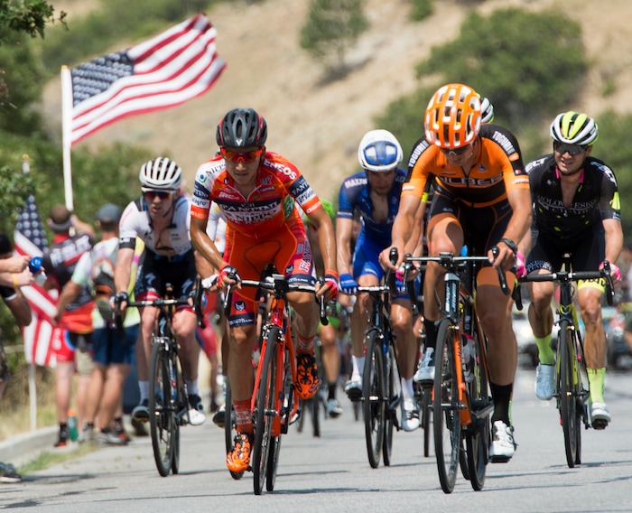 (Rick Egan  |  The Salt Lake Tribune)  Cyclists ride the KOH in Bountiful, in stage 5, of the Tour of Utah, in Bountiful,Friday, August 4, 2017.


