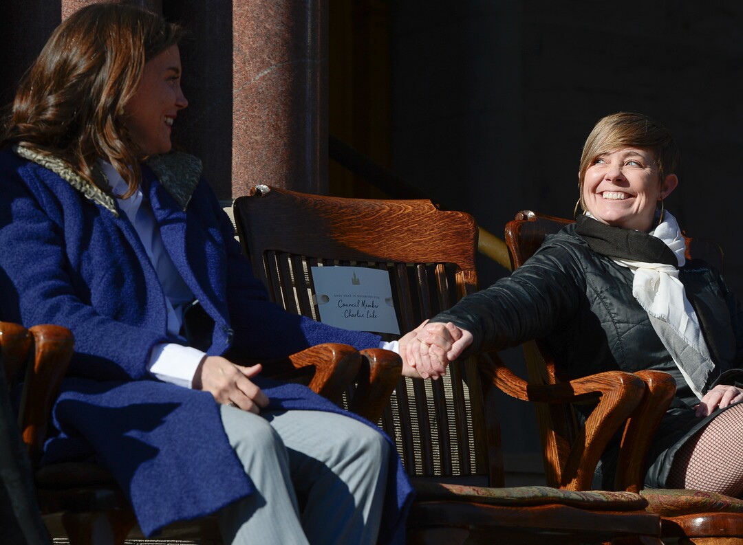 (Francisco Kjolseth  |  The Salt Lake Tribune) Erin Mendenhall embraces Salt Lake City council members Amy Fowler prior to Mendenhall being sworn in as Mayor at Salt Lake City Hall on Monday, Jan. 6, 2020.