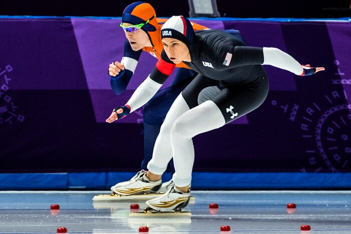 (Chris Detrick  |  The Salt Lake Tribune)  USA's Brittany Bowe races Netherlands' Jorien Ter Mors in the Ladies' 1,000m during the Pyeongchang 2018 Winter Olympics Wednesday, Feb. 14, 2018.  Bowe finished in 4th place with a time of 1:14.36.
