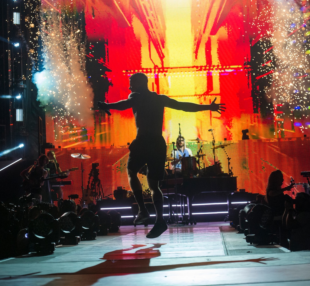 (Rick Egan  |  The Salt Lake Tribune)     Dan Reynolds performs with Imagine Dragons, at the Loveloud Festival at Rice-Eccles Stadium, Saturday, July 28, 2018.