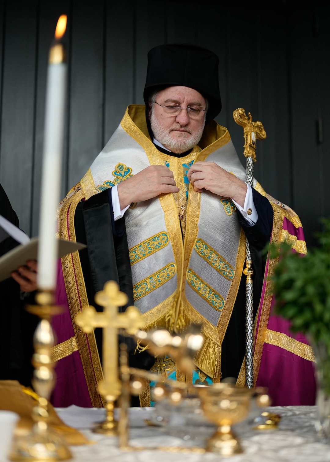 (Francisco Kjolseth  |  The Salt Lake Tribune) Archbishop Elpidophoros of America performs opening ceremonies for St. Anna Greek Orthodox Church in Sandy on Saturday, July 13, 2024.