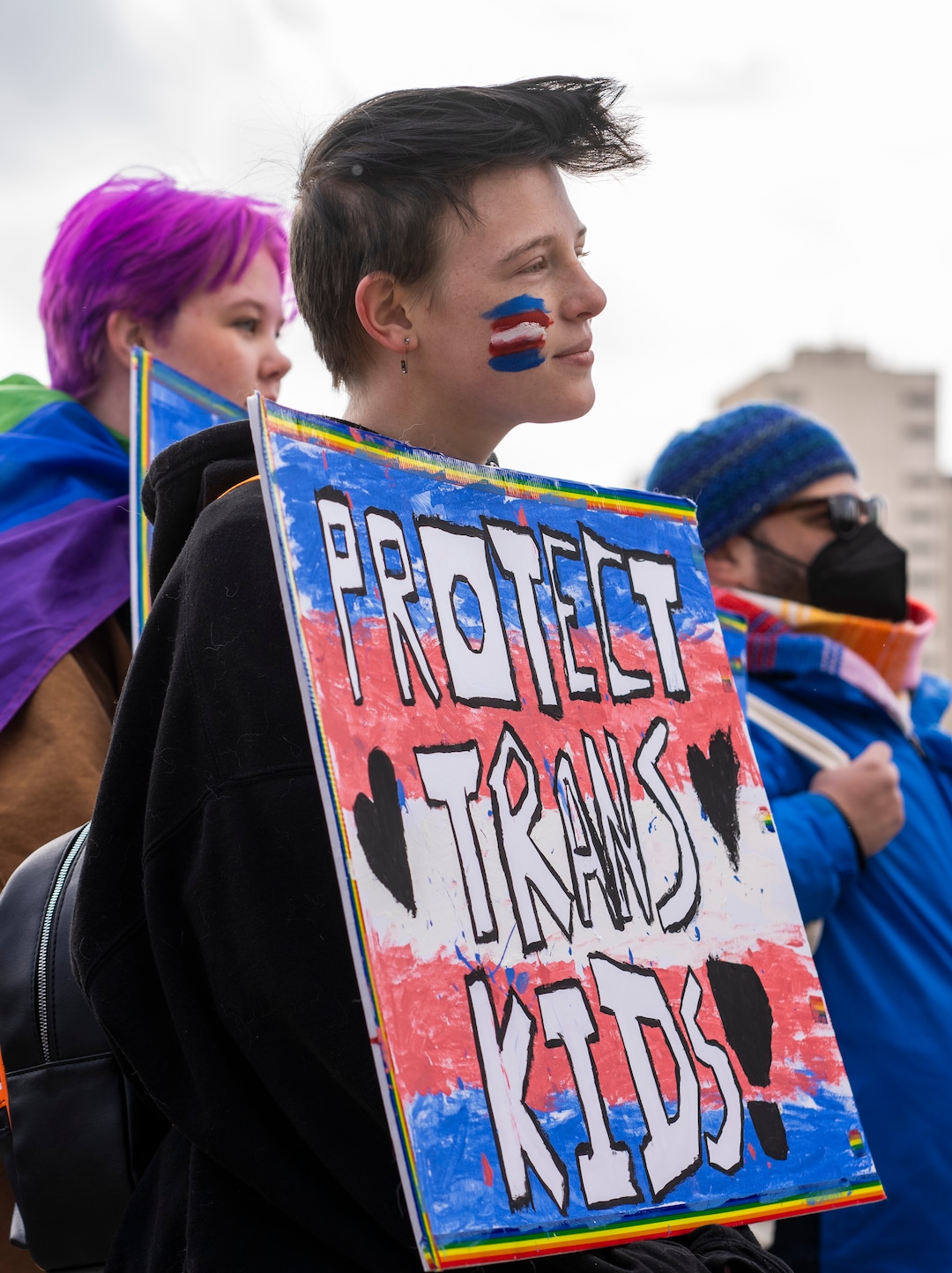 (Rick Egan | The Salt Lake Tribune)  Ash Meservy joins more than 200 people on the steps of the Capitol to  speak out against Rep. Kera Birkeland's transgender sports bill, on Friday, Feb. 25, 2022.