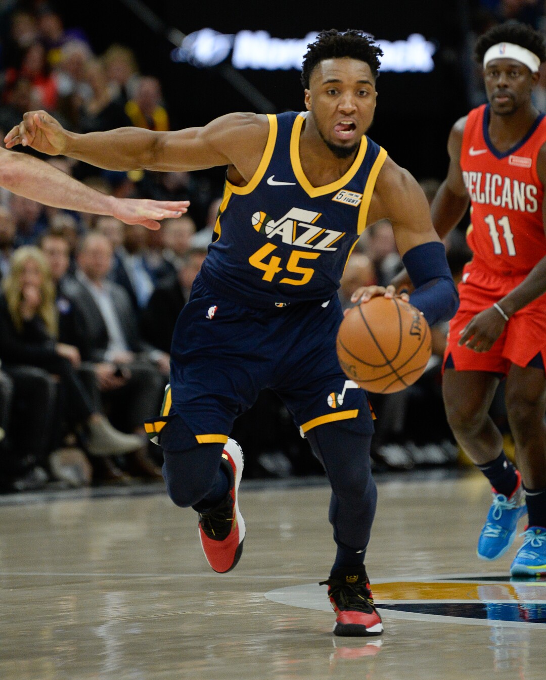 (Francisco Kjolseth  |  The Salt Lake Tribune)  Utah Jazz guard Donovan Mitchell (45) makes his move as the Utah Jazz host the New Orleans Pelicans in their NBA basketball game at Vivint Smart Home Arena in Salt Lake City on Sat. Nov. 23, 2019.
