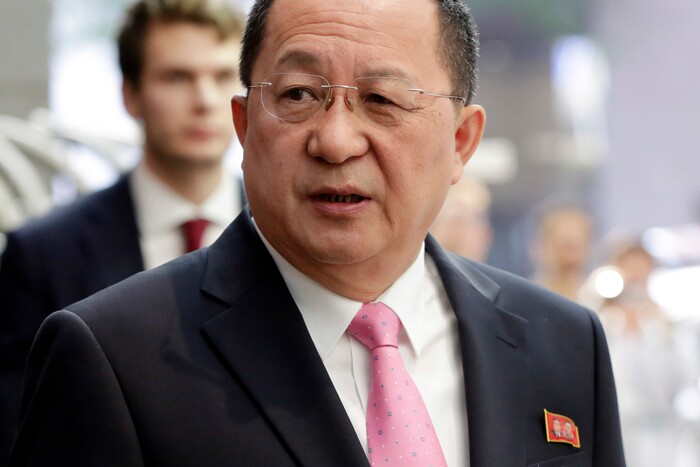 North Korea's Foreign Minister Ri Yong Ho speaks outside the U.N. Plaza Hotel, in New York, Monday, Sept. 25, 2017. (AP Photo/Richard Drew)