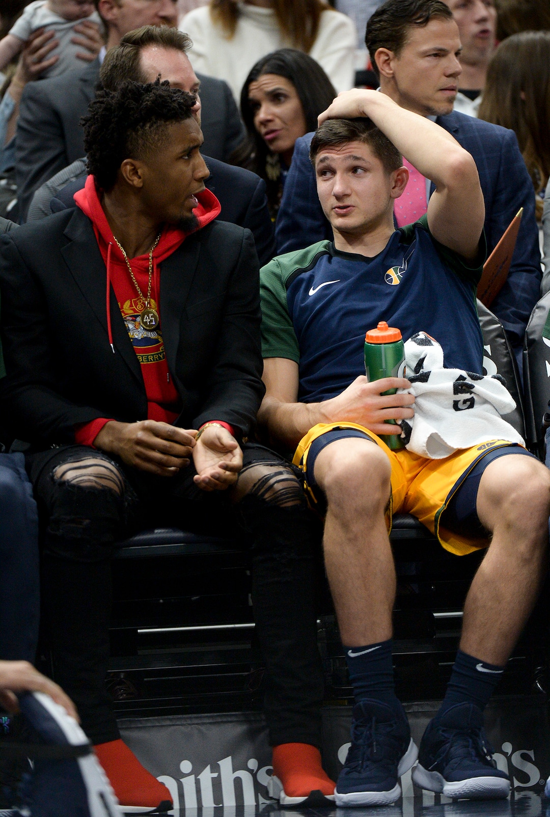 Leah Hogsten  |  The Salt Lake Tribune  Utah Jazz guard Donovan Mitchell (45) watches the game from the sidelines as the Utah Jazz host the Toronto Raptors, Monday, Nov. 5, 2018 at Vivint Smart Home Arena.