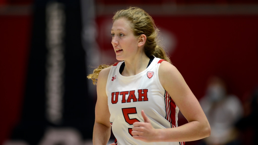(Tyler Tate | AP) Utah Utes guard Gianna Kneepkens (5) during an NCAA basketball game on Saturday, Nov. 13, 2021 in Salt Lake City, Utah.