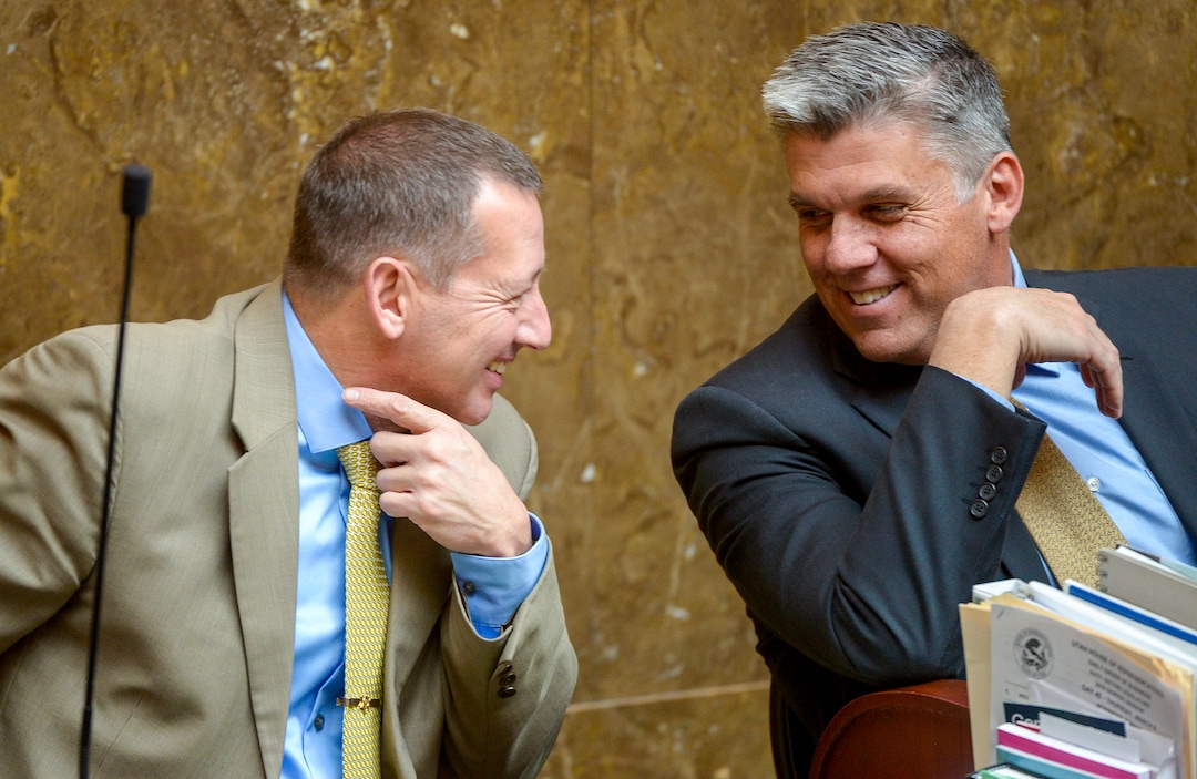 (Leah Hogsten  |  The Salt Lake Tribune)  l-r Rep. Paul Ray, R-Clearfield chats with incoming Rep. Phil Lyman, R-Blanding prior to the special session. On Monday, Dec. 2, 2018 during the special session, lawmakers overhauled the Utah Medical Cannabis Act's distribution system, reduced the number of medical marijuana outlets, prohibited edibles and changed the list of illnesses that qualify for cannabis treatments.