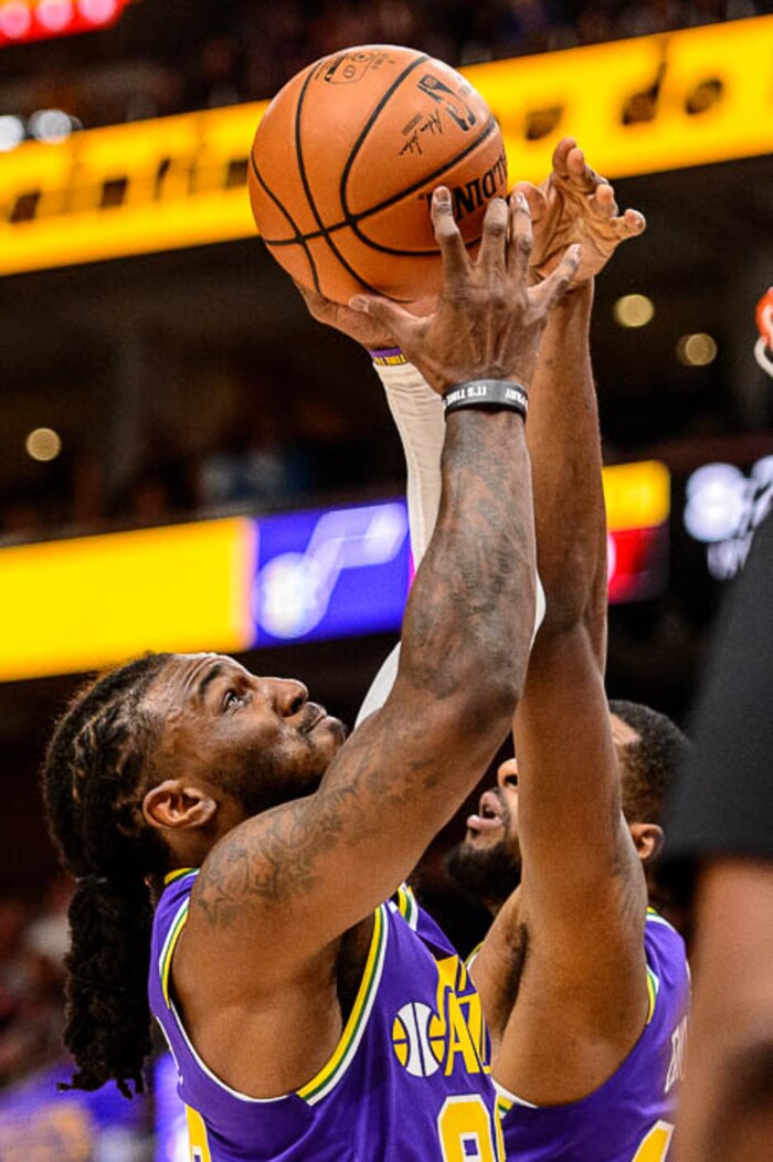 (Trent Nelson | The Salt Lake Tribune)  
Utah Jazz forward Jae Crowder (99) pulls down a rebound. The Utah Jazz host the Houston Rockets, NBA basketball in Salt Lake City on Thursday Dec. 6, 2018.
