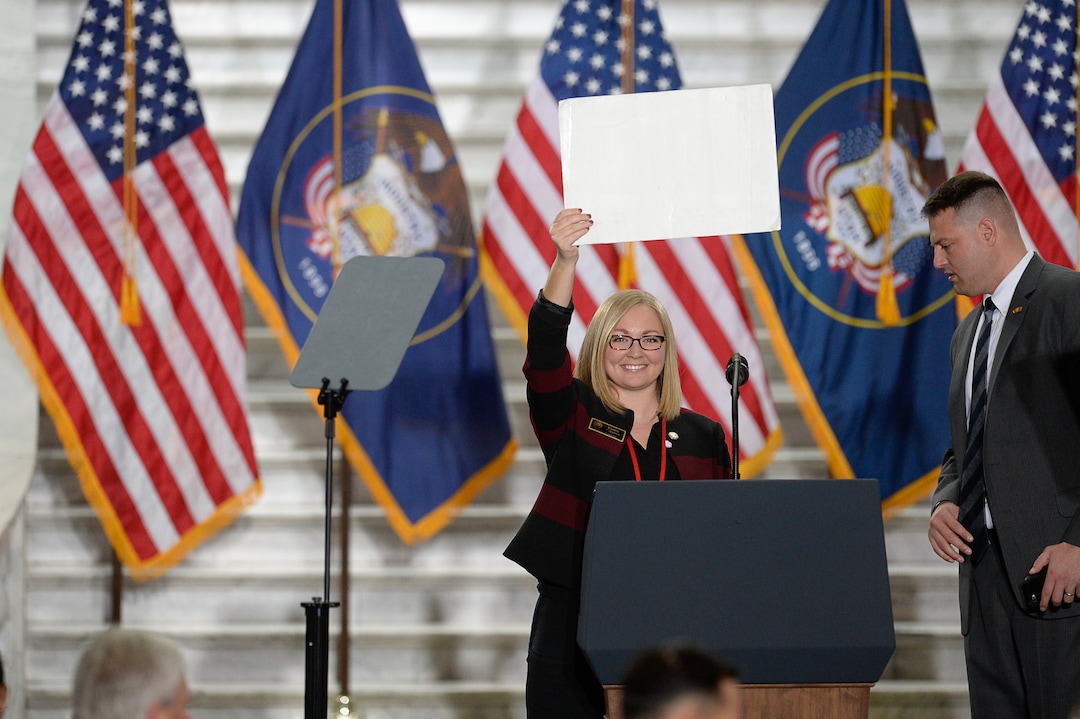 (Francisco Kjolseth  |  The Salt Lake Tribune)  Kirsten Rappleye, Chief of Staff for Utah Governor Gary Herbert, sets a white balance for the press ahead of the arrival of  U.S. President Donald Trump to the Utah Capitol on Monday, Dec4, 2017. 