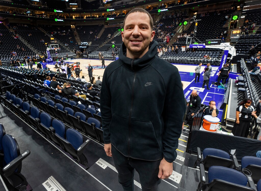 (Rick Egan | The Salt Lake Tribune) Aaron Miller, an NBA skills trainer, works full-time with Utah Jazz wing Malik Beasley, and part-time with forward Jarred Vanderbilt and guard Collin Sexton, at Vivint Arena, on Friday, Nov. 18, 2022.