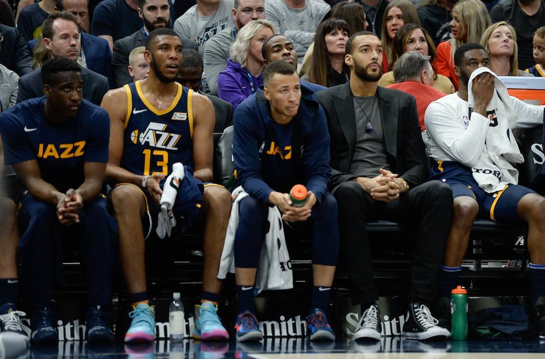 (Francisco Kjolseth  |  The Salt Lake Tribune)  Utah Jazz center Rudy Gobert (27) spends time on the bench with his teammates as the Utah Jazz host the New Orleans Pelicans in their NBA basketball game at Vivint Smart Home Arena in Salt Lake City on Sat. Nov. 23, 2019.